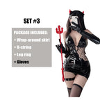 Glossy Black V-Neck Bodycon Mini Dress with Sheer Spiderweb Mesh Paneling