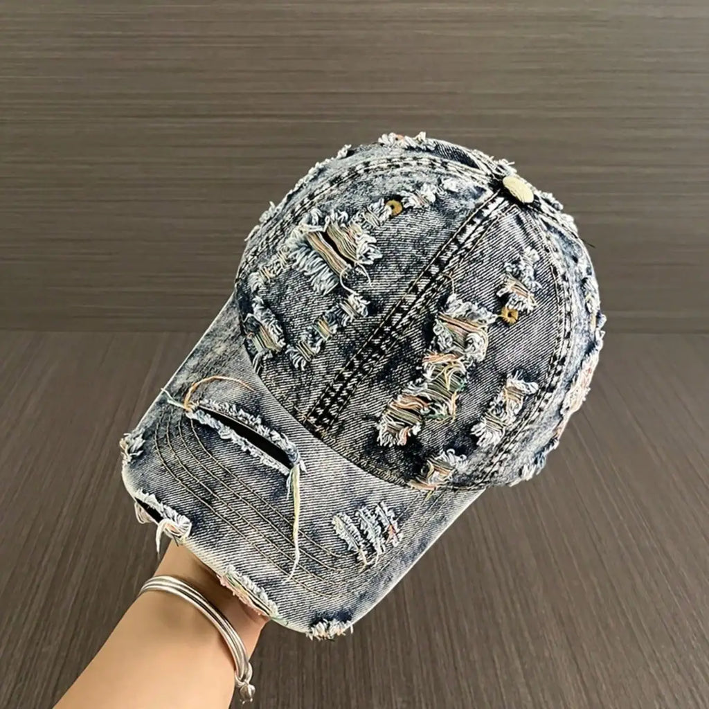 Vintage Distressed Washed Denim Style Baseball Cap with Ripped Detail for Casual Streetwear Fashion