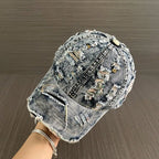 Vintage Distressed Washed Denim Style Baseball Cap with Ripped Detail for Casual Streetwear Fashion