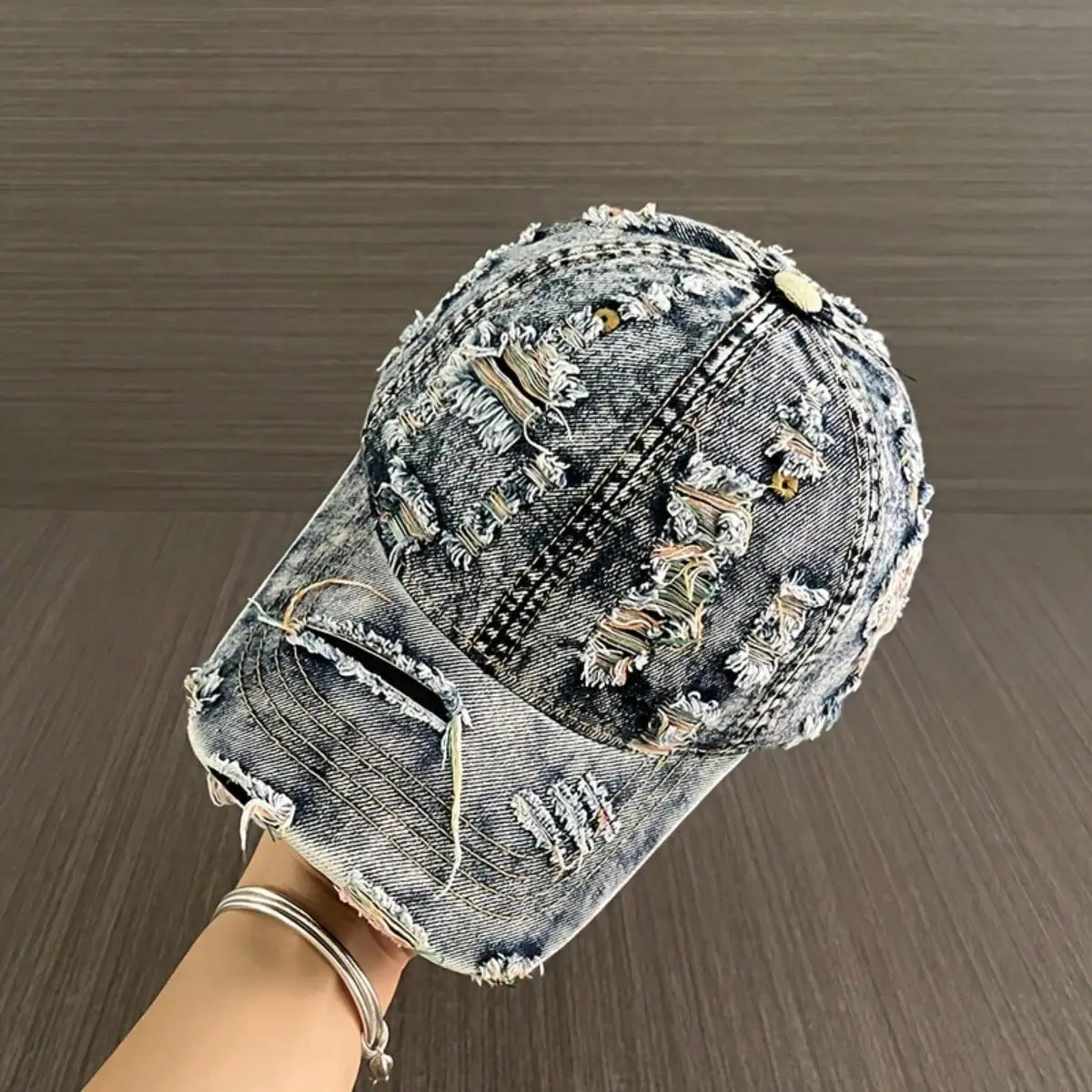 Vintage Distressed Washed Denim Style Baseball Cap with Ripped Detail for Casual Streetwear Fashion