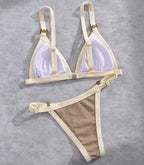 Textured Taupe Triangle Bikini with White Contrast Piping and Ring Hardware