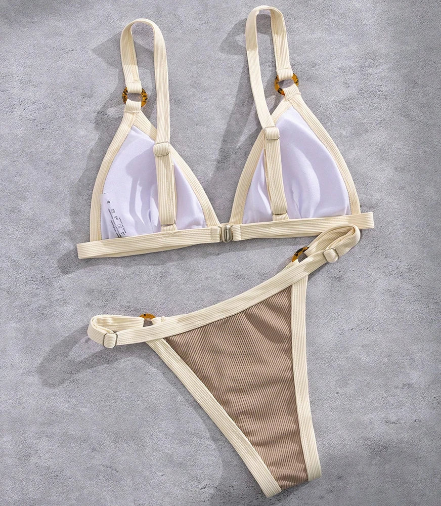 Textured Taupe Triangle Bikini with White Contrast Piping and Ring Hardware