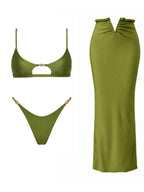 Solid Olive Green Bandeau Swim Set with Draped Maxi Skirt Cover-Up