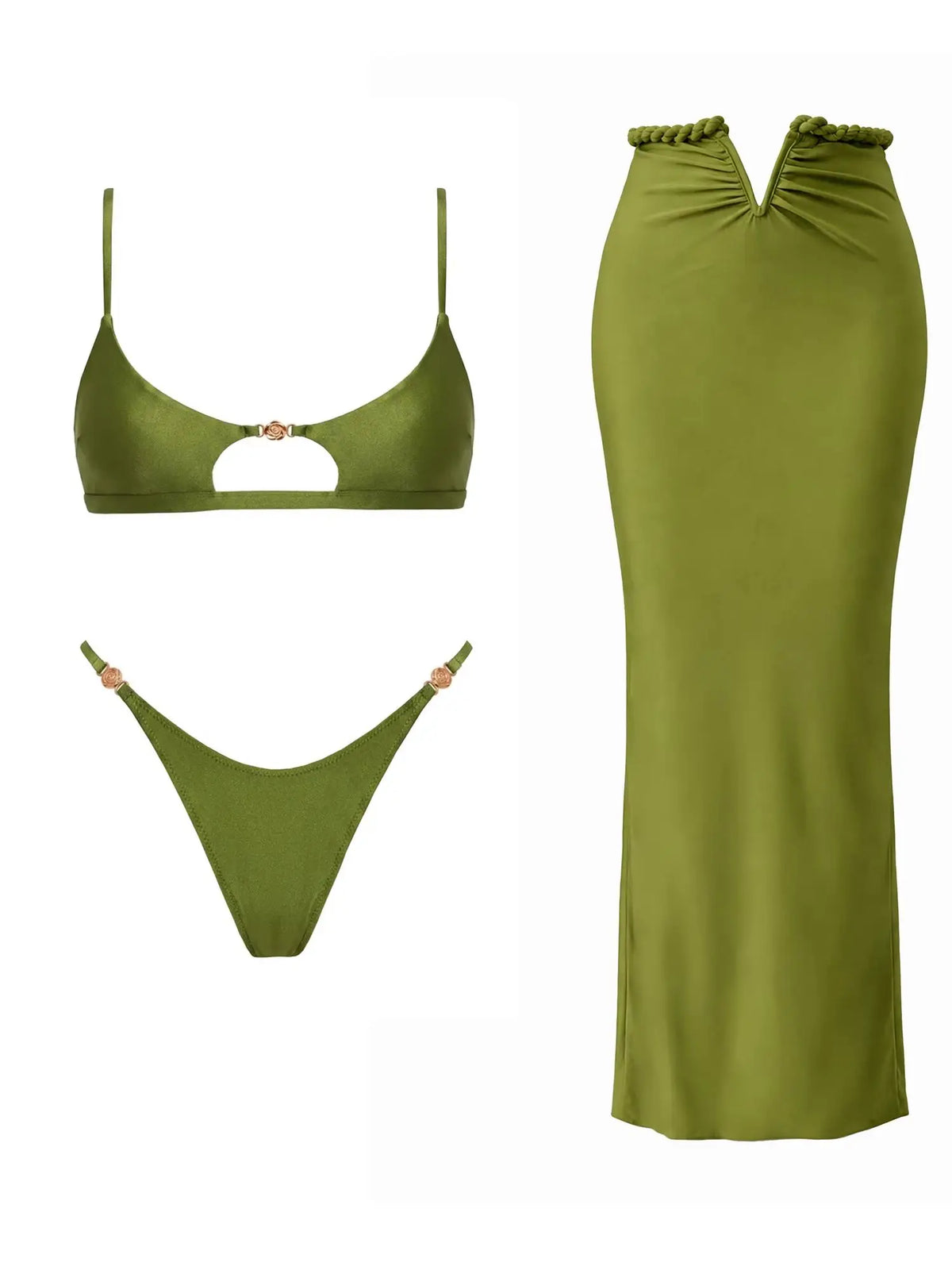 Solid Olive Green Bandeau Swim Set with Draped Maxi Skirt Cover-Up