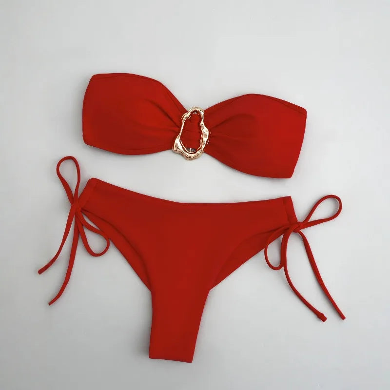 Fierce Mixed Animal Print Bandeau Bikini with Center O-Ring Hardware