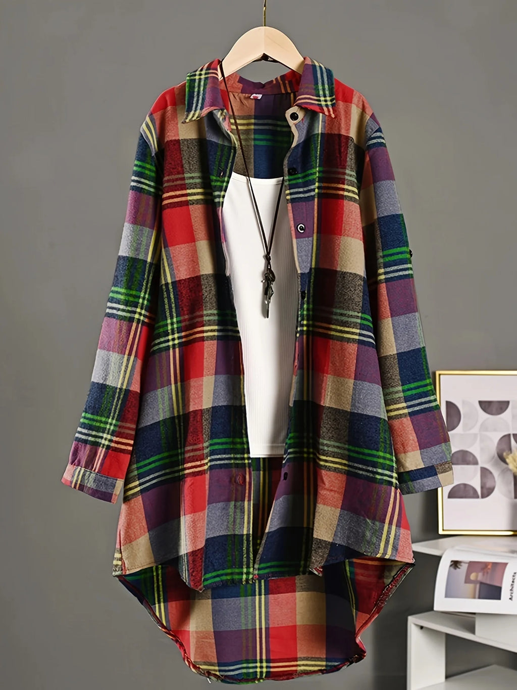 Colorful Tartan Plaid Oversized Tunic Shirt with High-Low Curved Hem