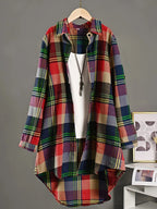Colorful Tartan Plaid Oversized Tunic Shirt with High-Low Curved Hem