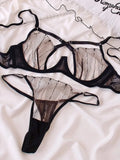 Dramatic Black Sheer Mesh and Contrast Lace Underwire Intimates Set
