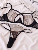 Dramatic Black Sheer Mesh and Contrast Lace Underwire Intimates Set