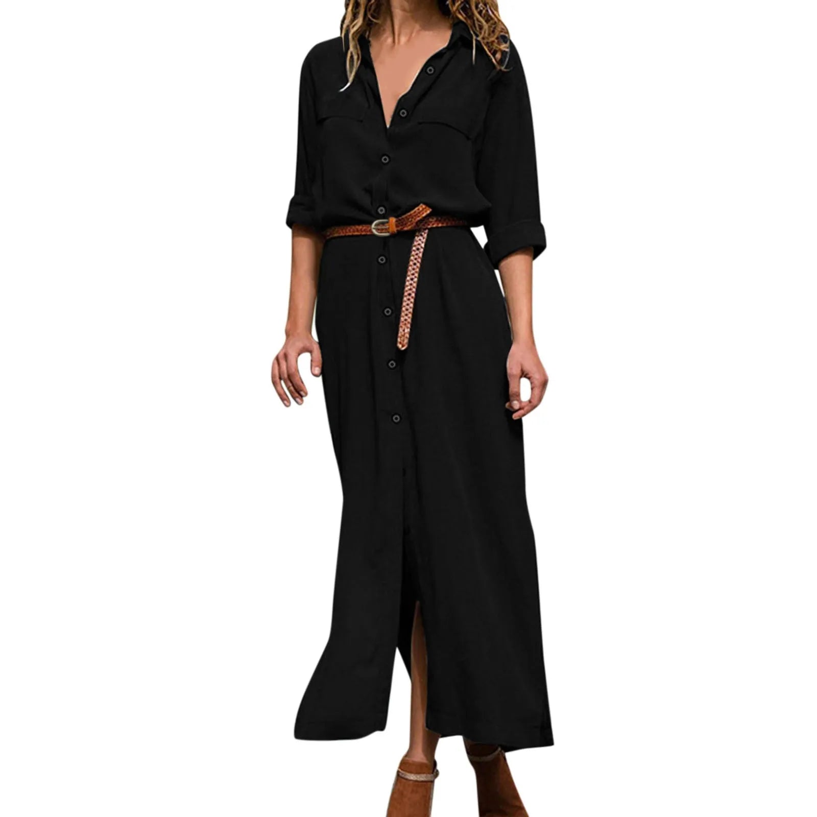 Relaxed Linen Blend Shirt Maxi Dress with Belt and Long Sleeves