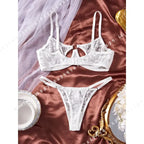 Sheer Black Floral Lace Front-Closure Bra and Thong Set