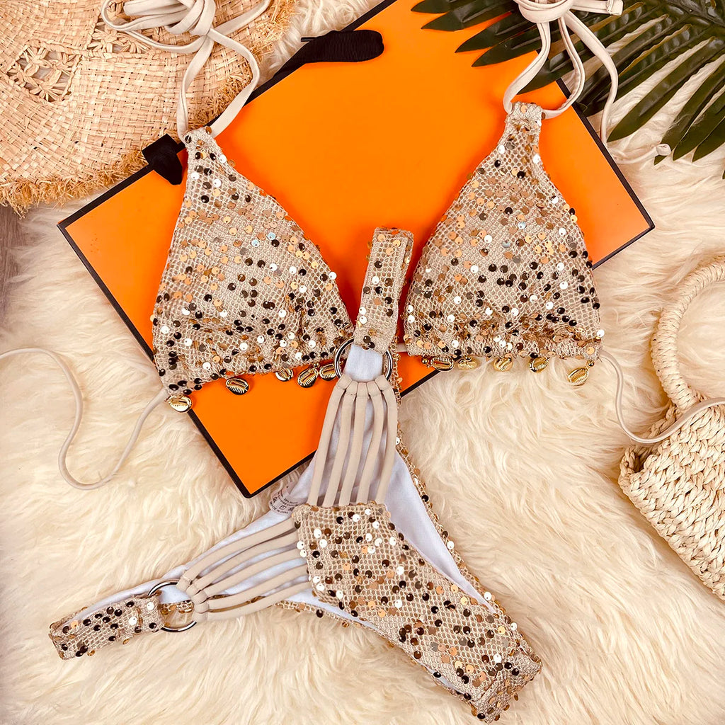 Shimmering Champagne Triangle Bikini with Strappy Side-Tie Bottoms