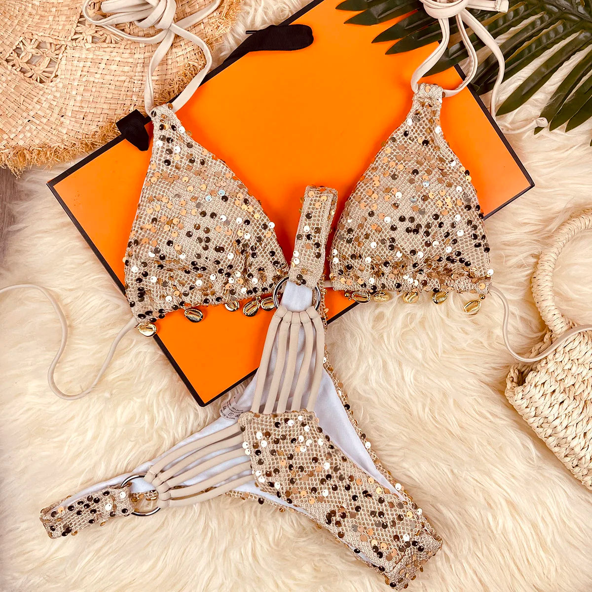Shimmering Champagne Triangle Bikini with Strappy Side-Tie Bottoms