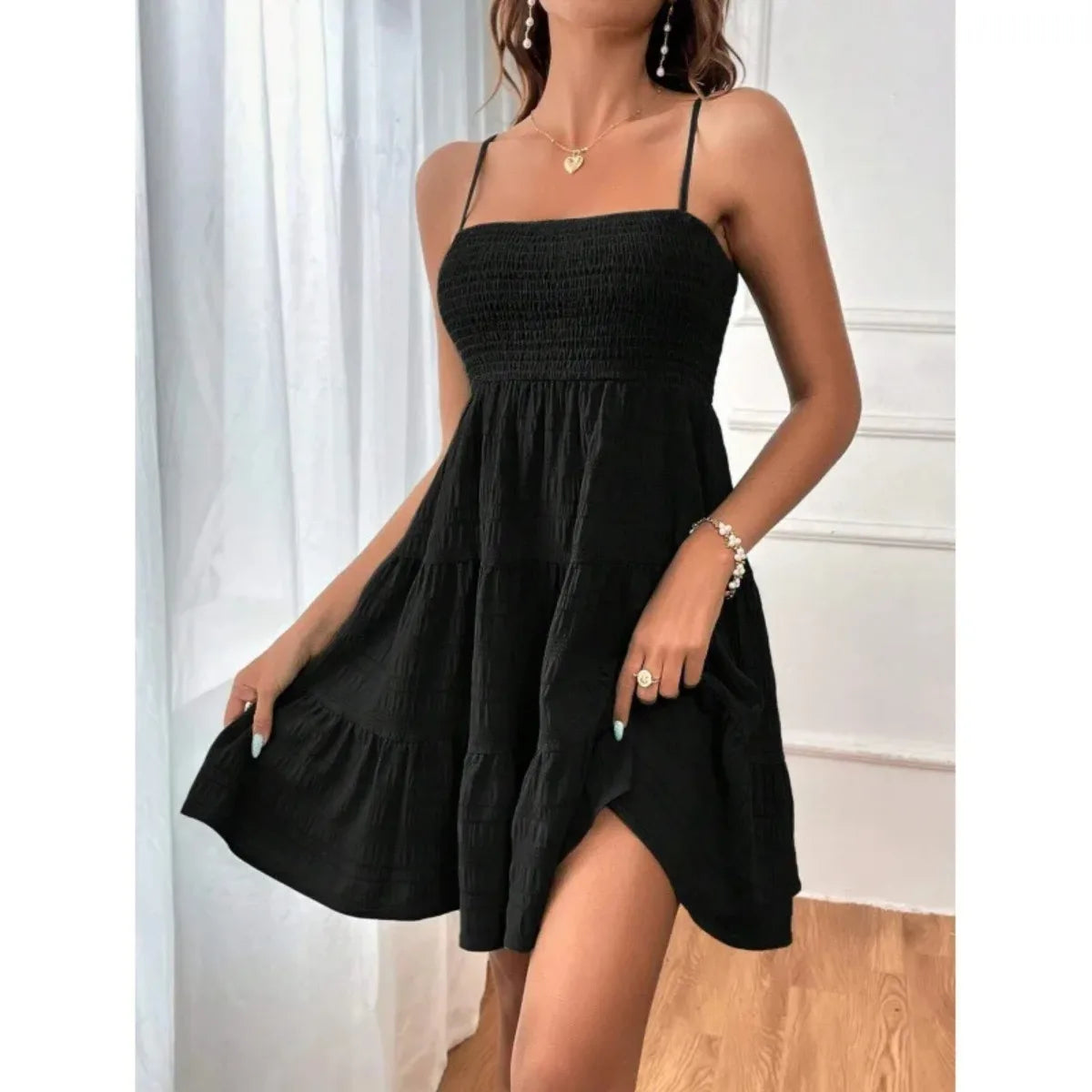 Smocked Bustier Mini Dress with Tiered Hem and Spaghetti Strap Design