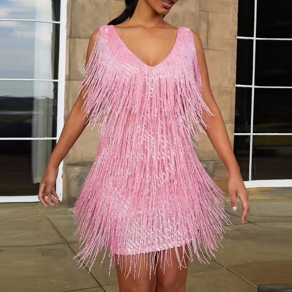 Layered Fringe V-Neck Mini Dress with Dynamic Tassel Detailing