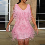 Layered Fringe V-Neck Mini Dress with Dynamic Tassel Detailing