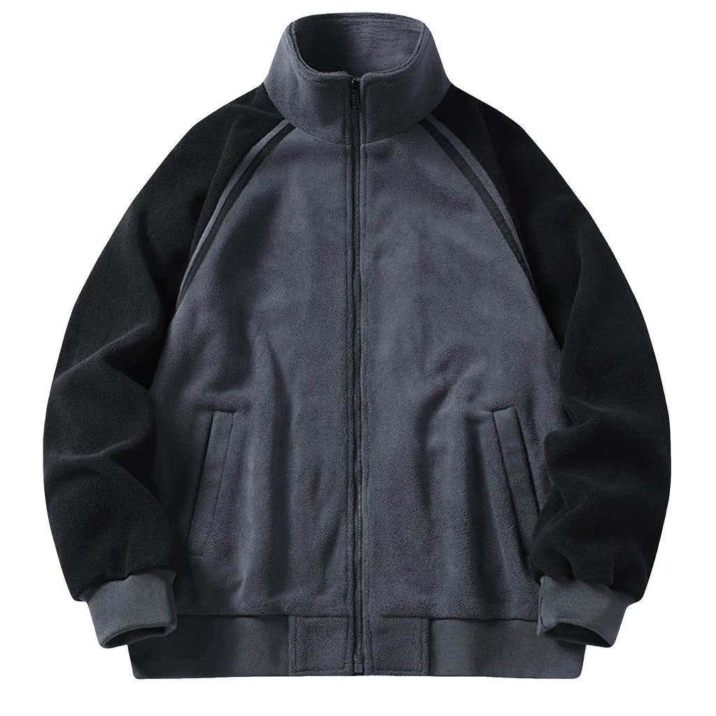Men's Stand Collar Full Zip Fleece Jacket with Utility Pockets for Modern Streetwear Style