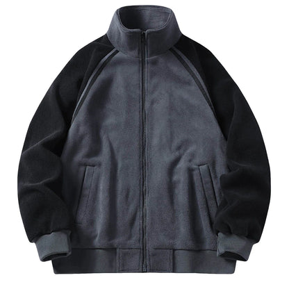 Men's Stand Collar Full Zip Fleece Jacket with Utility Pockets for Modern Streetwear Style