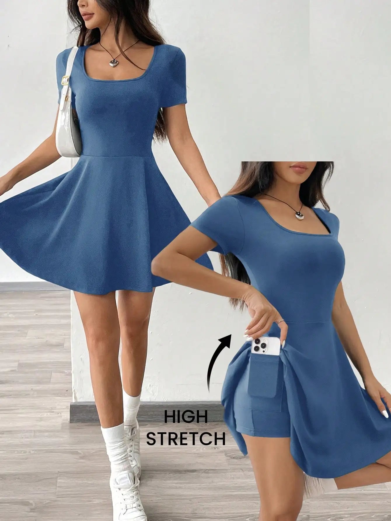 Square Neck Short Sleeve A-Line Mini Dress with Flared Skater Silhouette