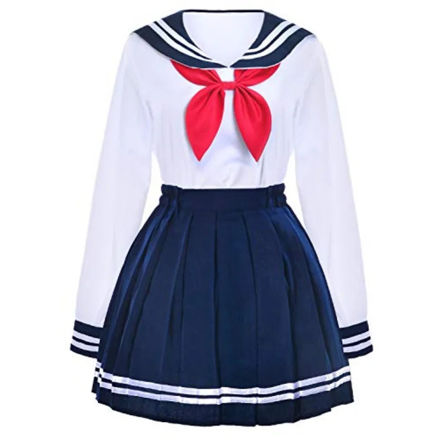 Women's Sailor-Inspired Pleated Uniform Set with Long Sleeve Top, Neck Scarf and Socks
