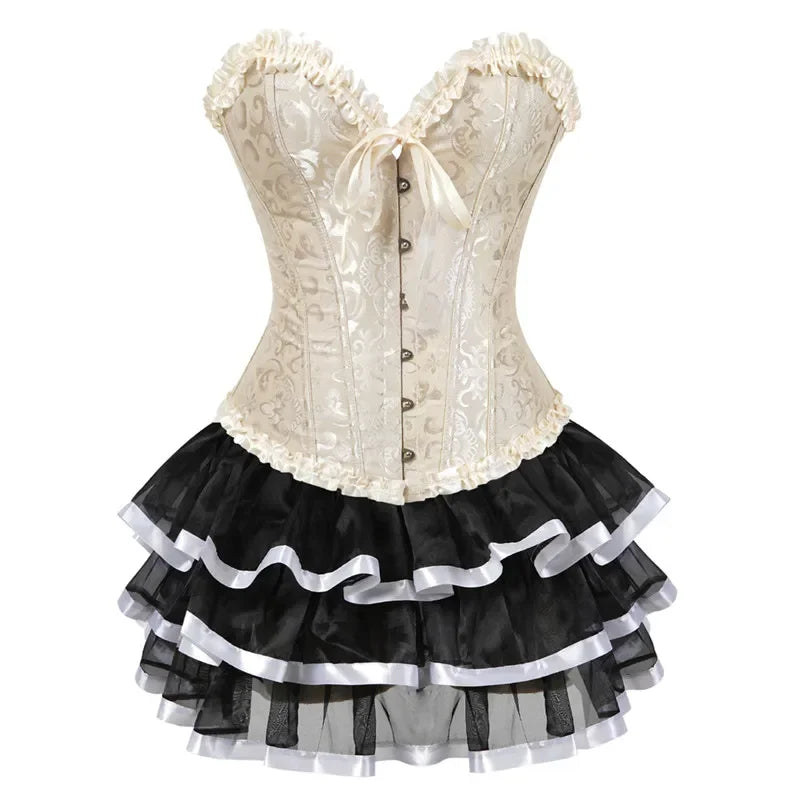 Ruffle Hem Overbust Corset Dress with Lace-Up Front and Layered Skirt