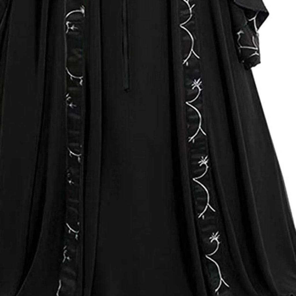 Dramatic Gothic Maxi Dress with Flared Sleeves and Ornate Trim