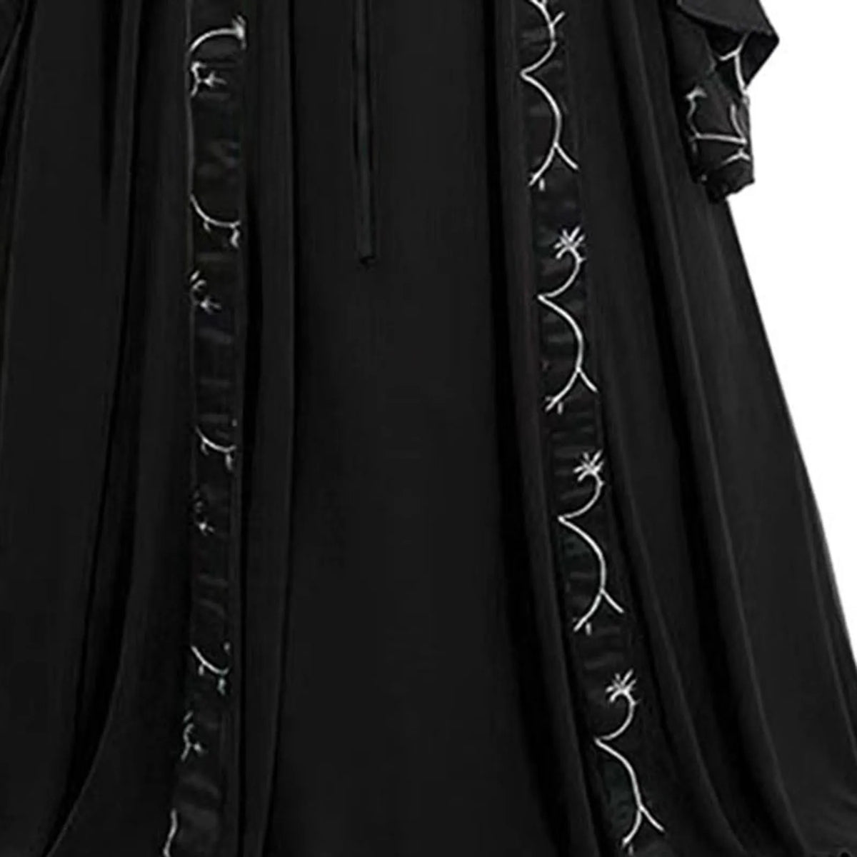 Dramatic Gothic Maxi Dress with Flared Sleeves and Ornate Trim