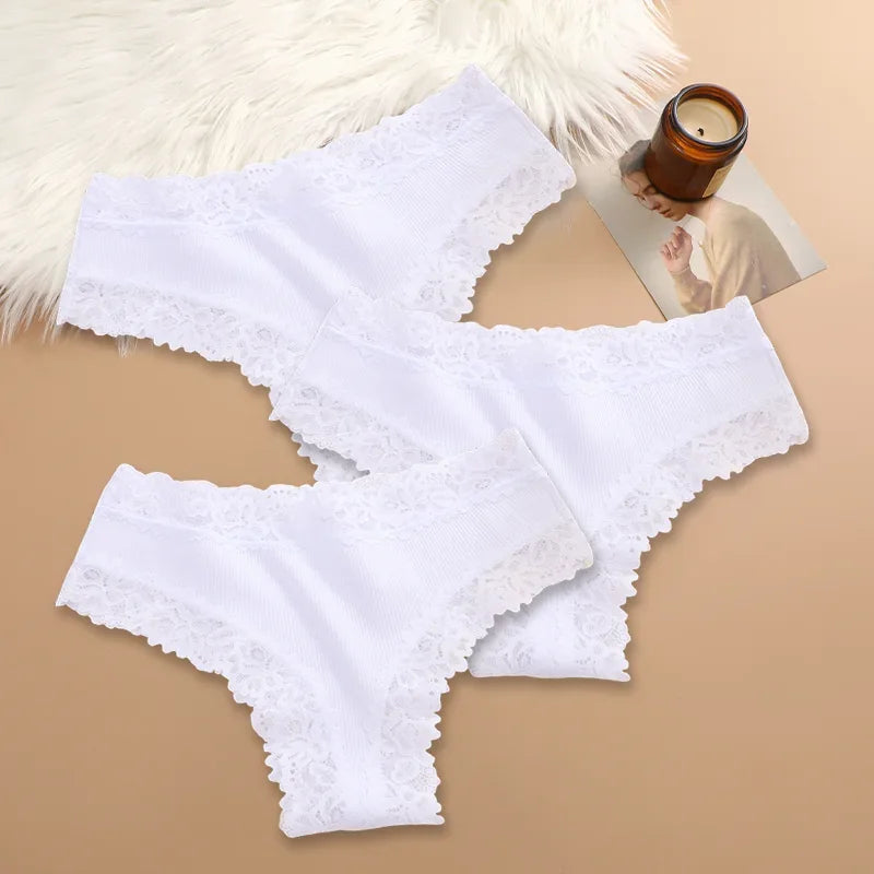 Three-Piece Ribbed Cotton-Blend Bikini Panty Set with Scalloped Lace Trim