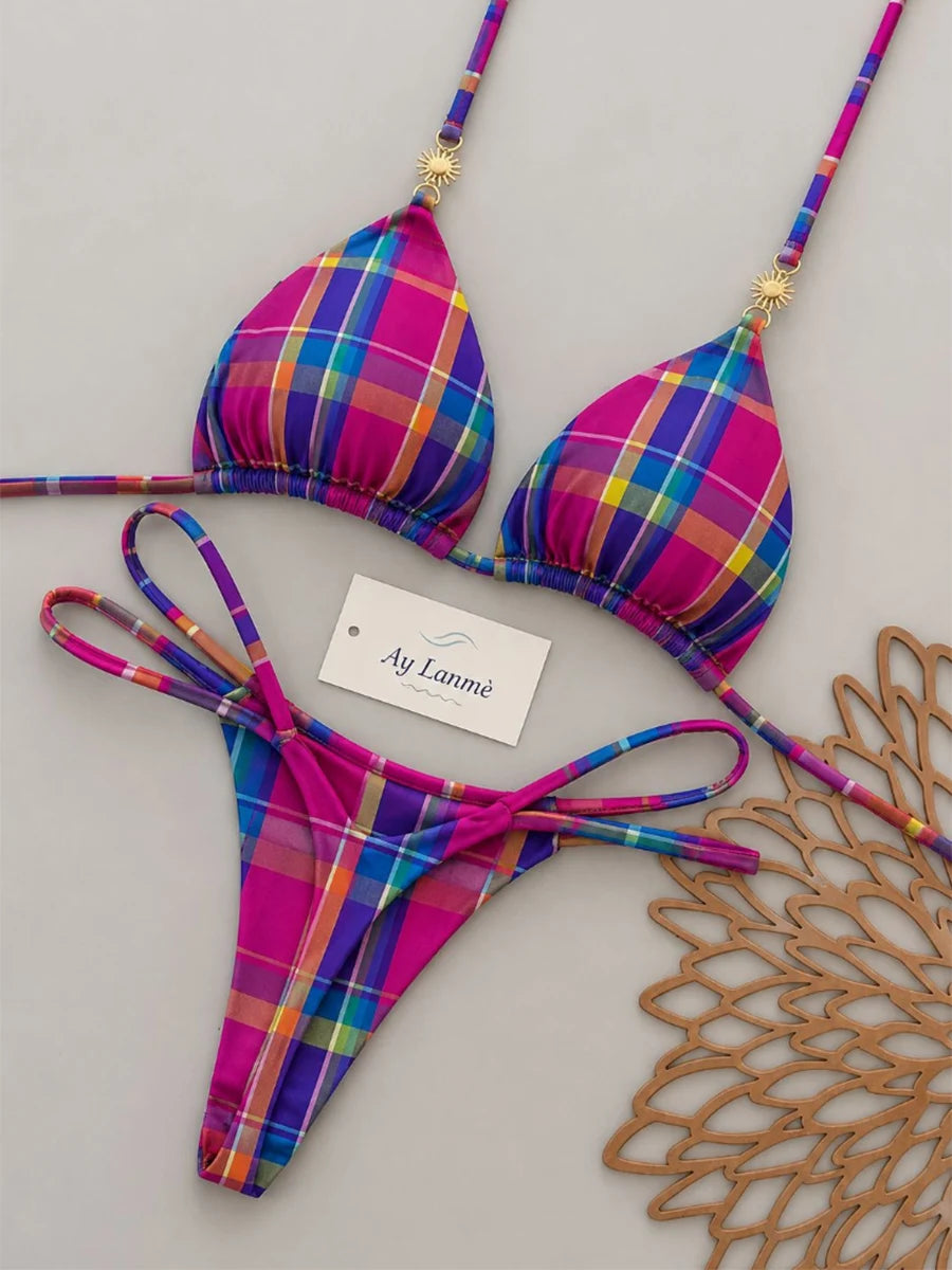 Rich Burgundy Triangle Bikini Set with Double-Strap Tie Details and Gold Accents