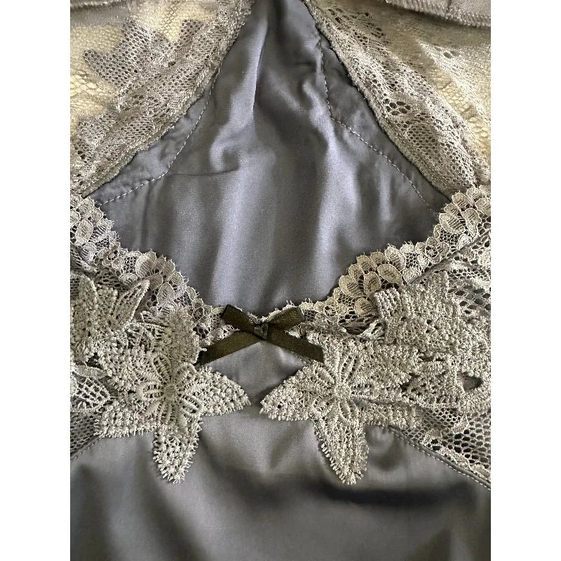 Slate Blue Satin-Finish Chemise with Strappy Back and Sheer Lace Bodice