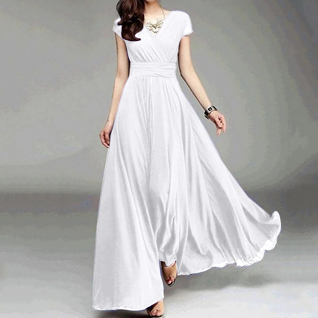 Flowing V Neck Maxi Dress With Soft Pleated Movement