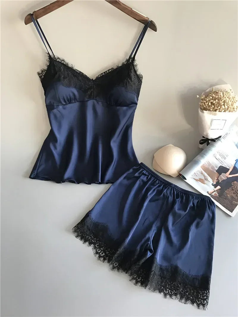 Women's Lace-Trim Satin-Look Pajama Set with V-Neck Camisole Top and Matching Shorts, Sleeveless Two-Piece Nightwear
