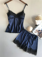 Women's Lace-Trim Satin-Look Pajama Set with V-Neck Camisole Top and Matching Shorts, Sleeveless Two-Piece Nightwear