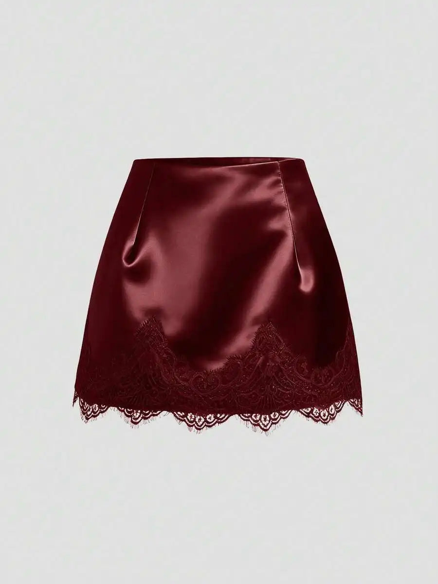 Satin Lace Trim Mini Skirt with Sleek Fitted Contemporary Silhouette