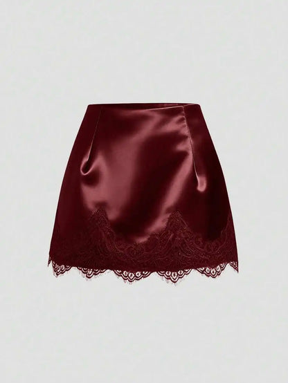 Satin Lace Trim Mini Skirt with Sleek Fitted Contemporary Silhouette