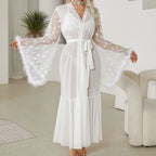 Dramatic Sheer Red Mesh Robe with Flowing Bell Sleeves and Lace Edging