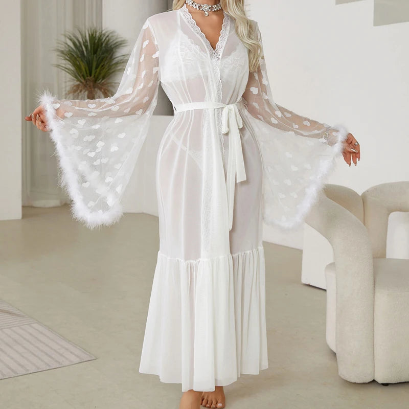 Dramatic Sheer Red Mesh Robe with Flowing Bell Sleeves and Lace Edging