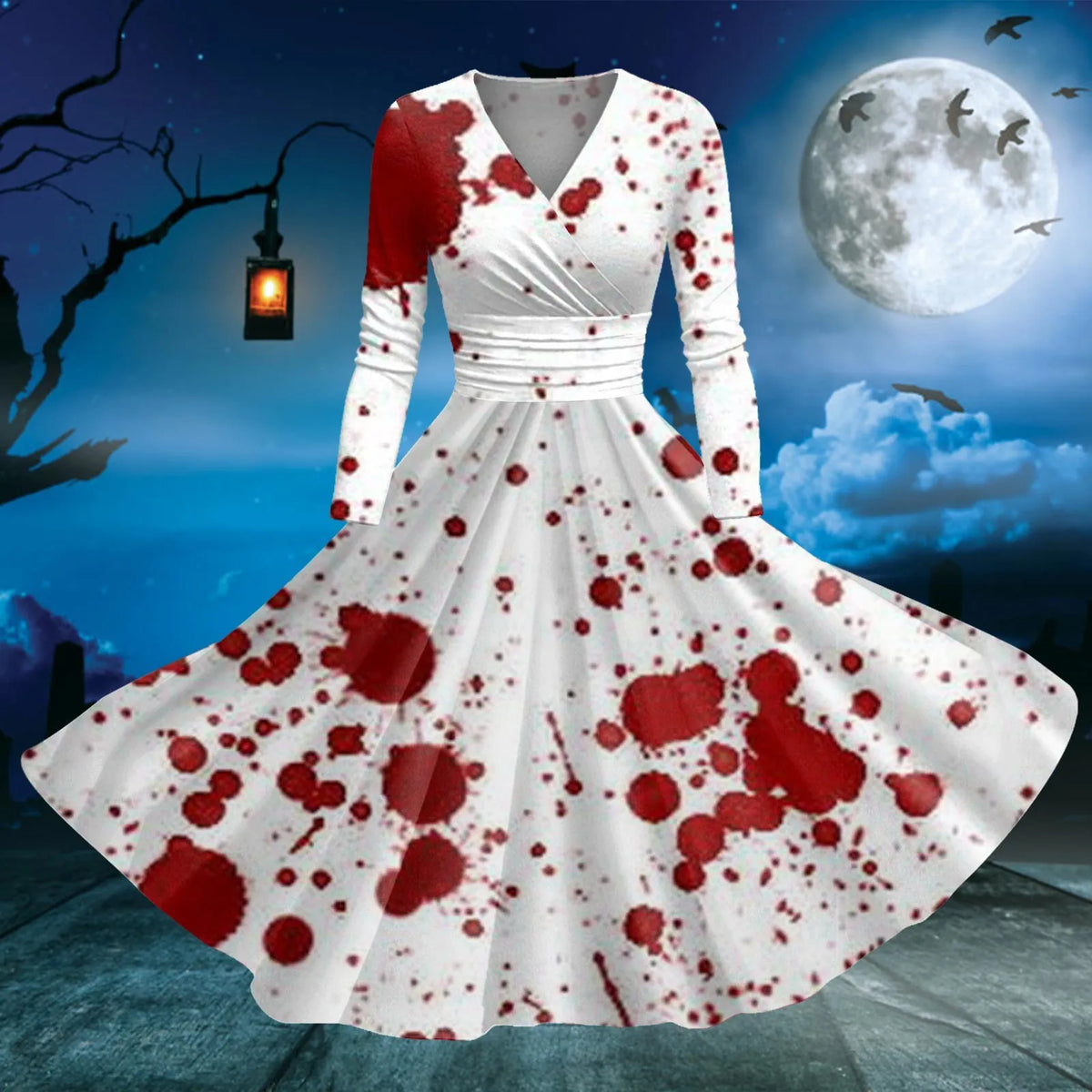 Dark Gothic Blood Print Fit and Flare Alternative Fashion Midi Dress - BigCat Streetwear