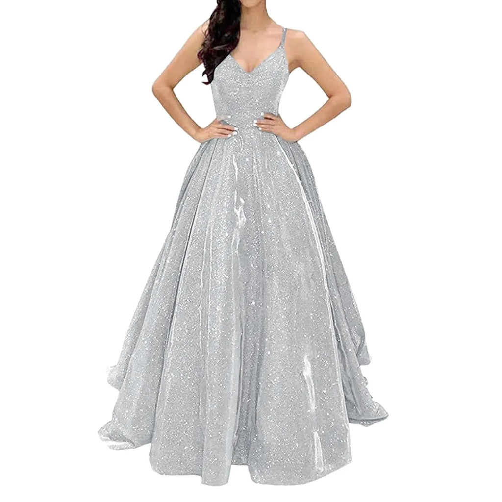 Glitter Finish Maxi Dress With Open Back And Full Movement