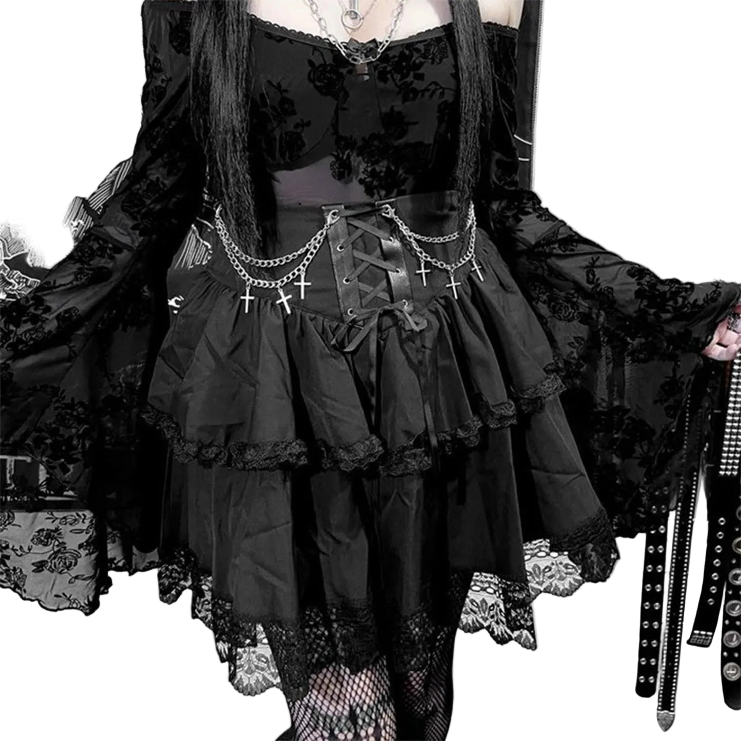 Layered Lace Gothic Mini Dress With Alternative Fashion Ruffle Skirt Design