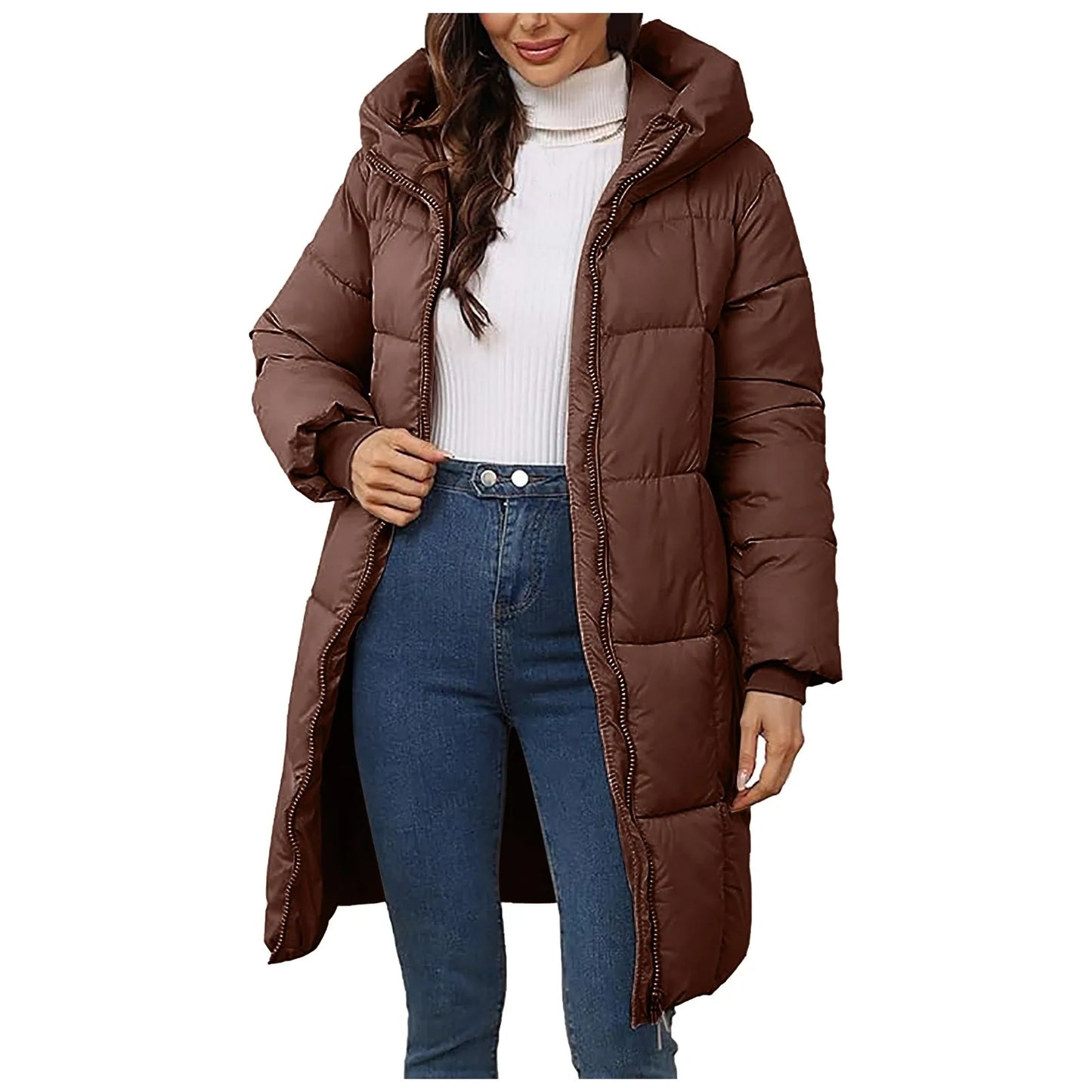 Women's Long Hooded Quilted Puffer Coat Warm Casual Winter Zip-Up Outerwear