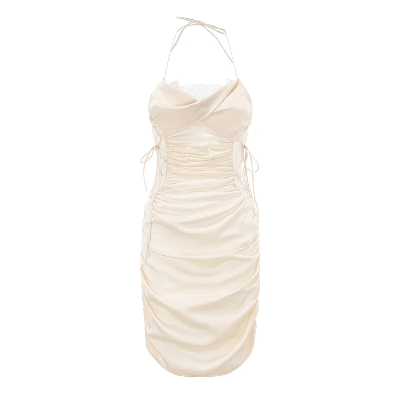 Form-Fitting Black Halter Mini Dress with Ruched Side Ties and Lace Accents
