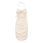 Form-Fitting Black Halter Mini Dress with Ruched Side Ties and Lace Accents