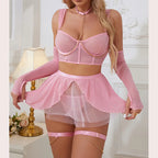 Playful Pink Sheer Mesh Lingerie Set with Gold-Toned Chain Accents and Accessories
