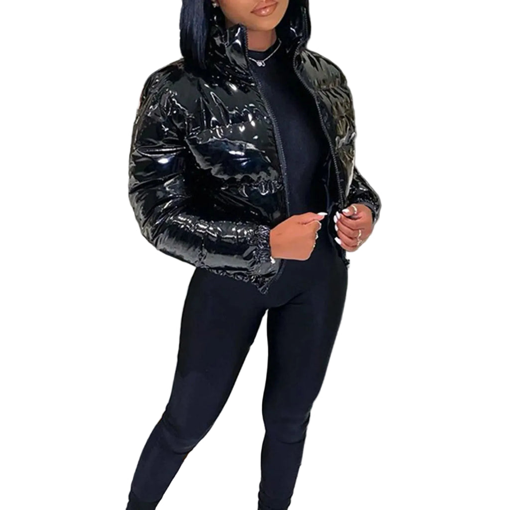 Women's Gloss Finish Puffer Bomber Jacket with Stand Collar Contemporary Streetwear Outerwear