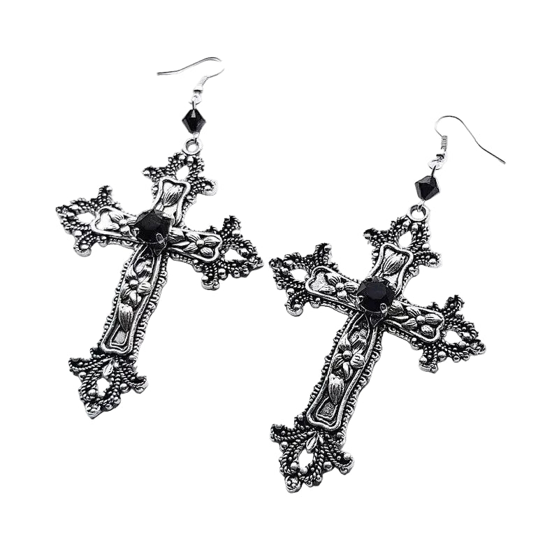 Ornate Cross Drop Earrings for Gothic Punk and Dark Romantic Styling