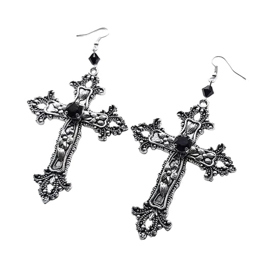 Ornate Cross Drop Earrings for Gothic Punk and Dark Romantic Styling