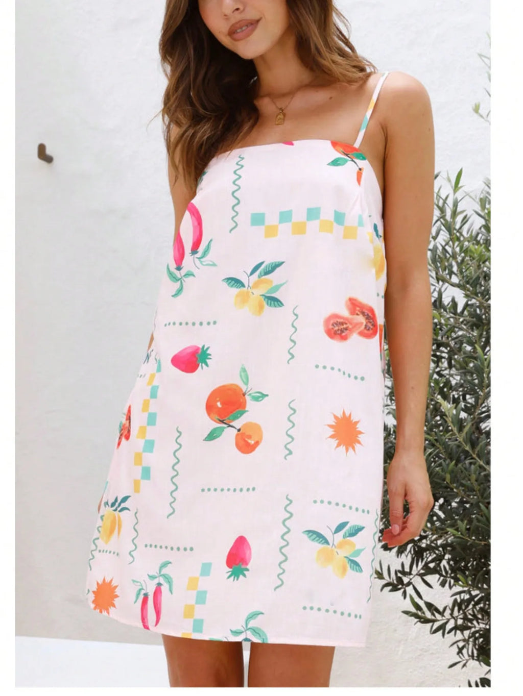 Spaghetti Strap Graphic Print A-Line Mini Dress with Relaxed Summer Silhouette