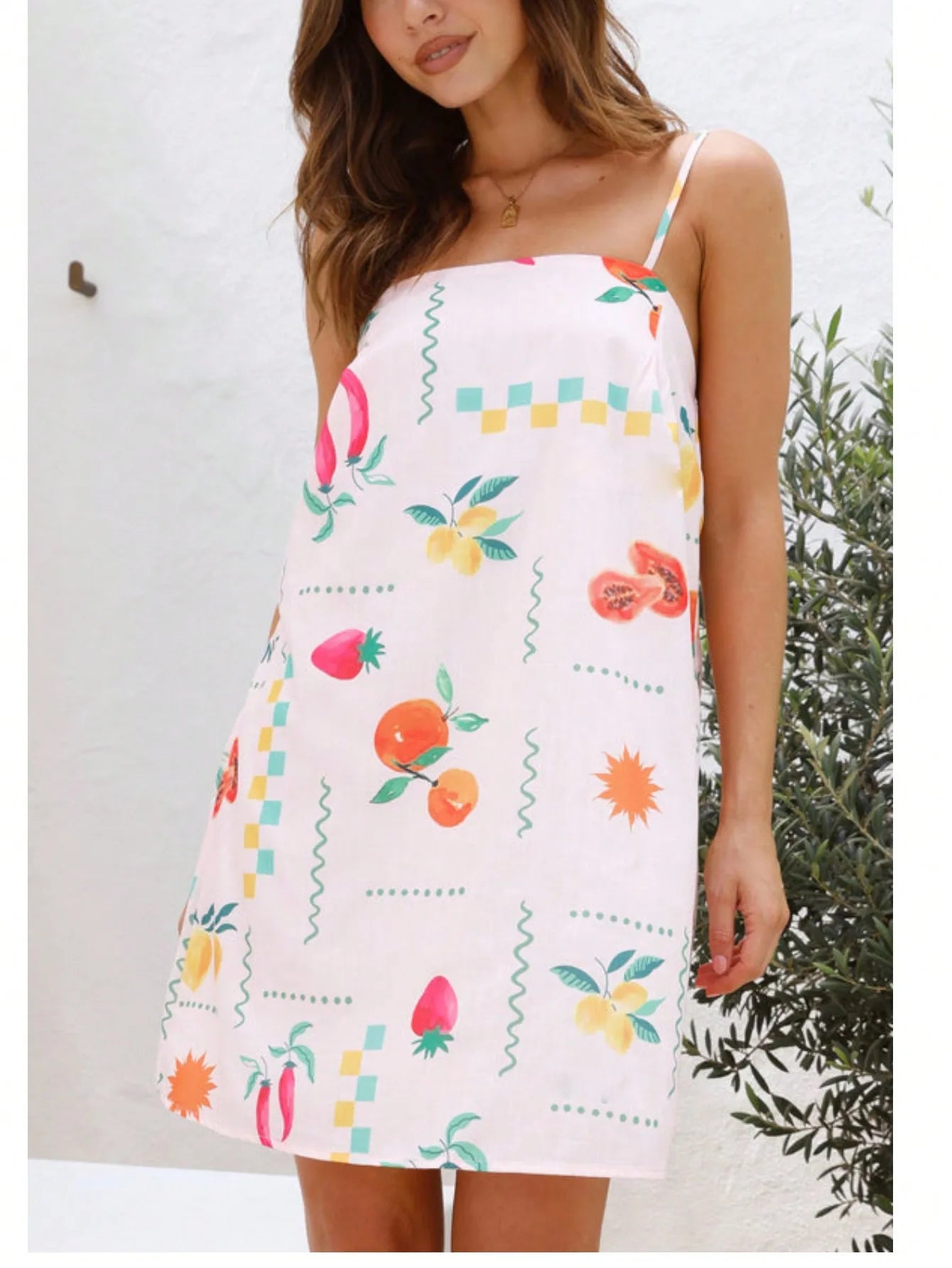 Spaghetti Strap Graphic Print A-Line Mini Dress with Relaxed Summer Silhouette