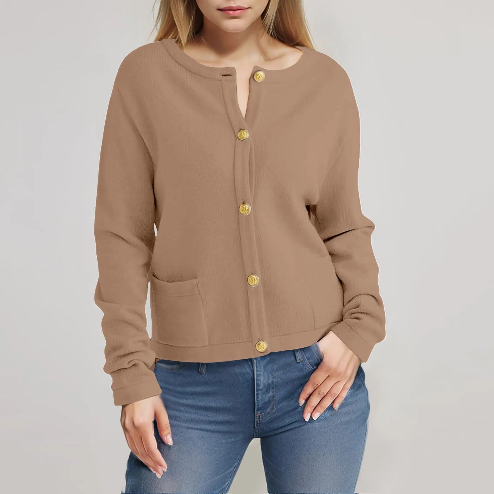 Women's Crew Neck Button Front Cardigan with Relaxed Everyday Fit and Pockets